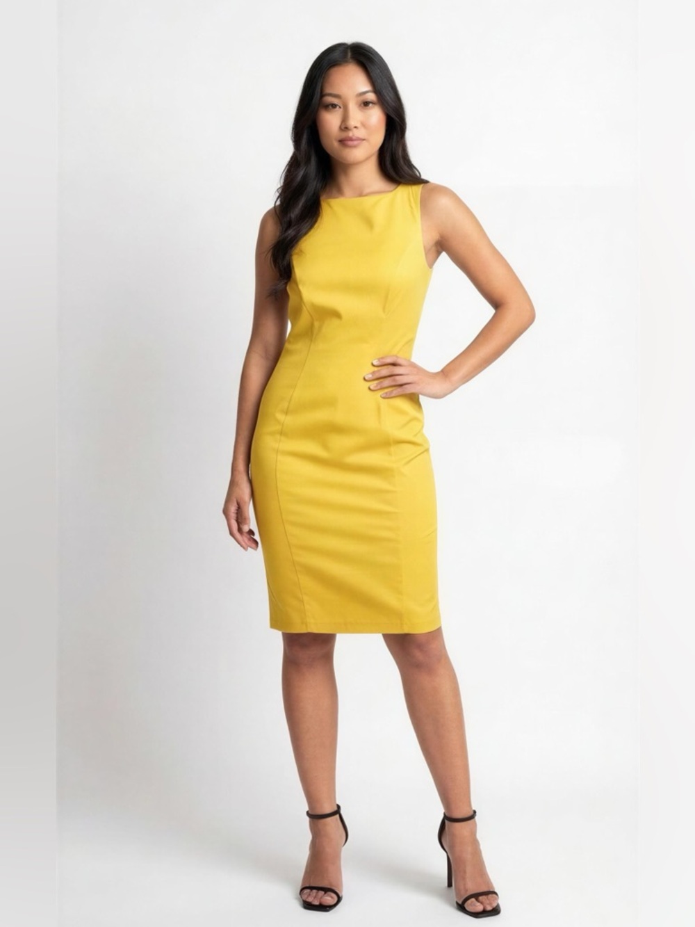 Eva Mendes Bright Yellow Sheath Midi Dress